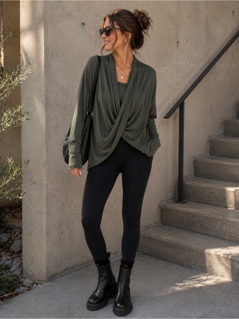 ZYIA Active Cutsie Shawl Top Medium Olive Green Modal Draped Wrap Long Sleeve